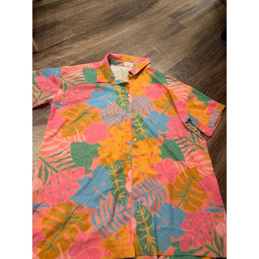 Pink Lily Tropical Floral Monstera Print Button Down Camp Shirt Multicolored M